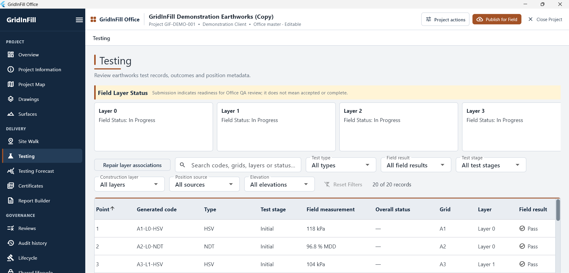 GridInFill Office testing register.