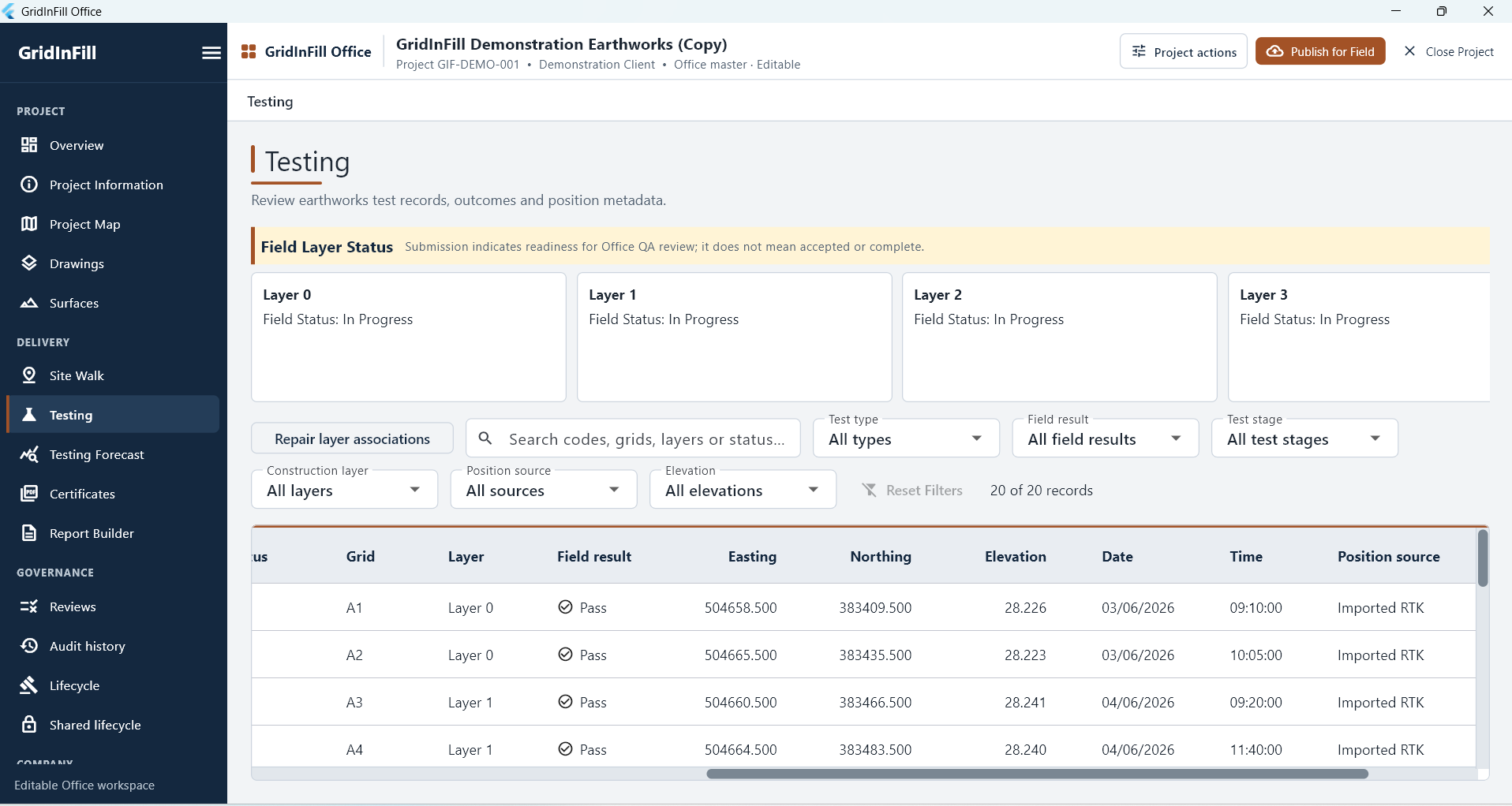 GridInFill Office testing register, survey columns.